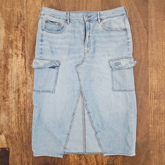 American Eagle Denim Skirt Womens 4 High Rise Midi Cargo Front Slit - Picture 1 of 8